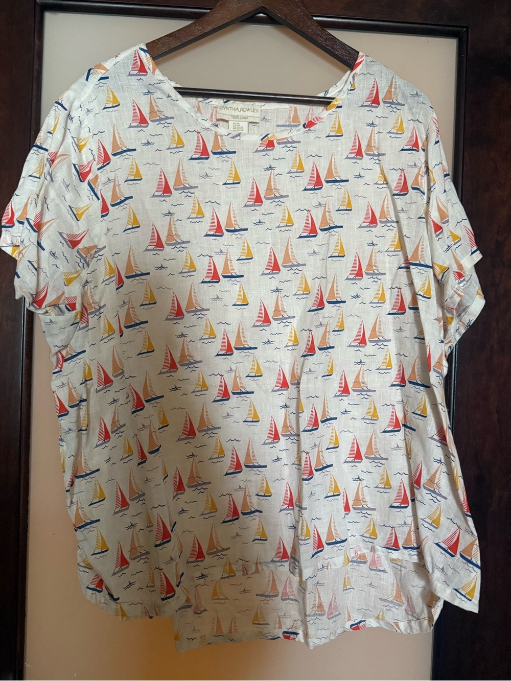Cynthia Rowley 100% Linen Sailboat Print Short Sleeve Top Size 2X